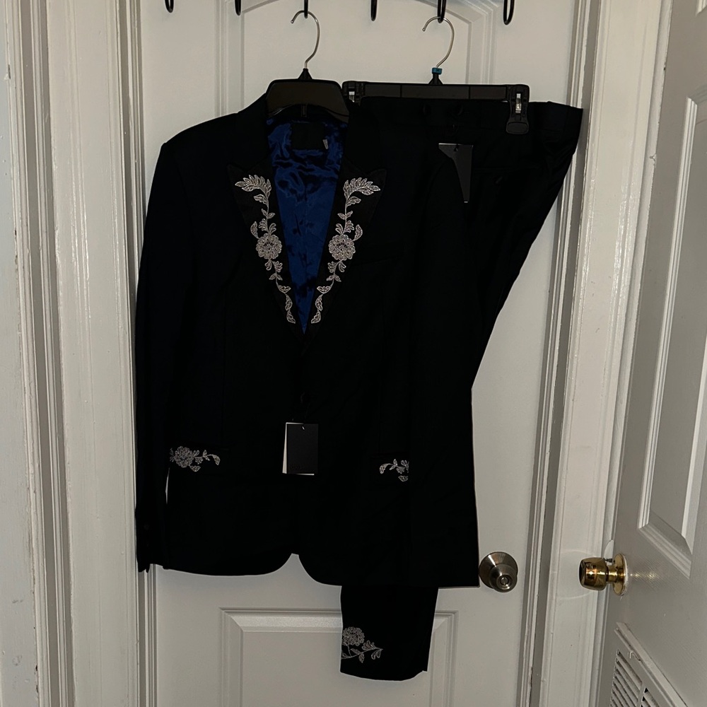 ASOS Black Embroidered Blazer and Pants with Blue Lining